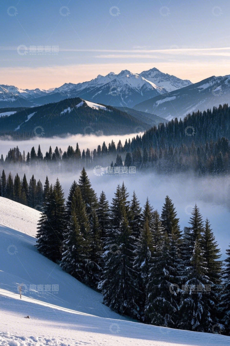 高清大图下载【趣麦麦图】雪山森林晨雾自然风光