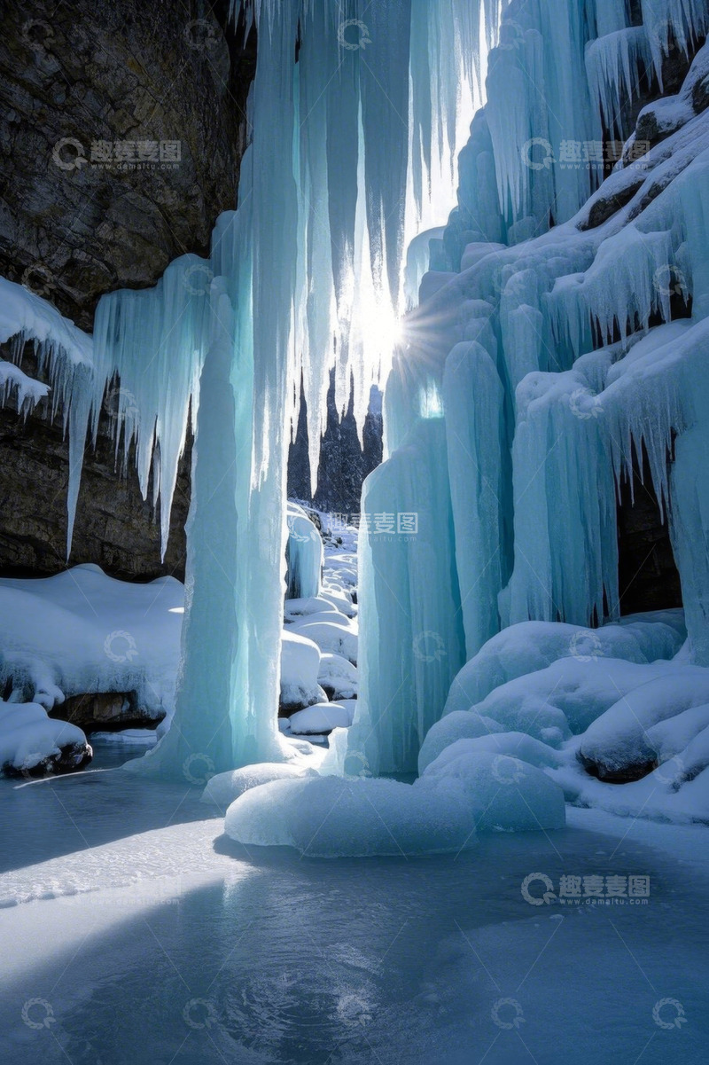 高清大图下载【趣麦麦图】冬日山谷冰柱雪景