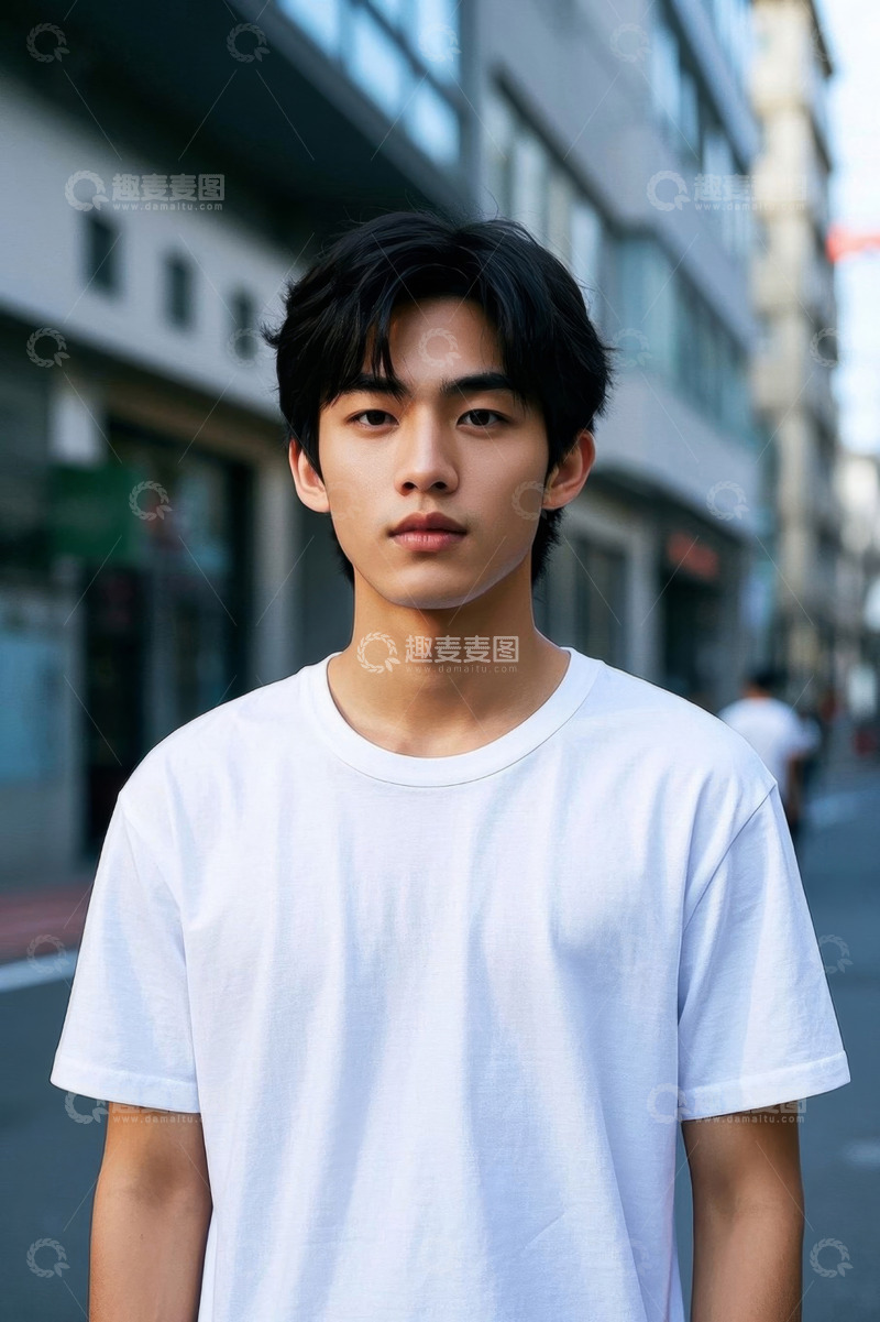 高清大图下载【趣麦麦图】阳光下穿着白T恤的年轻亚洲男子