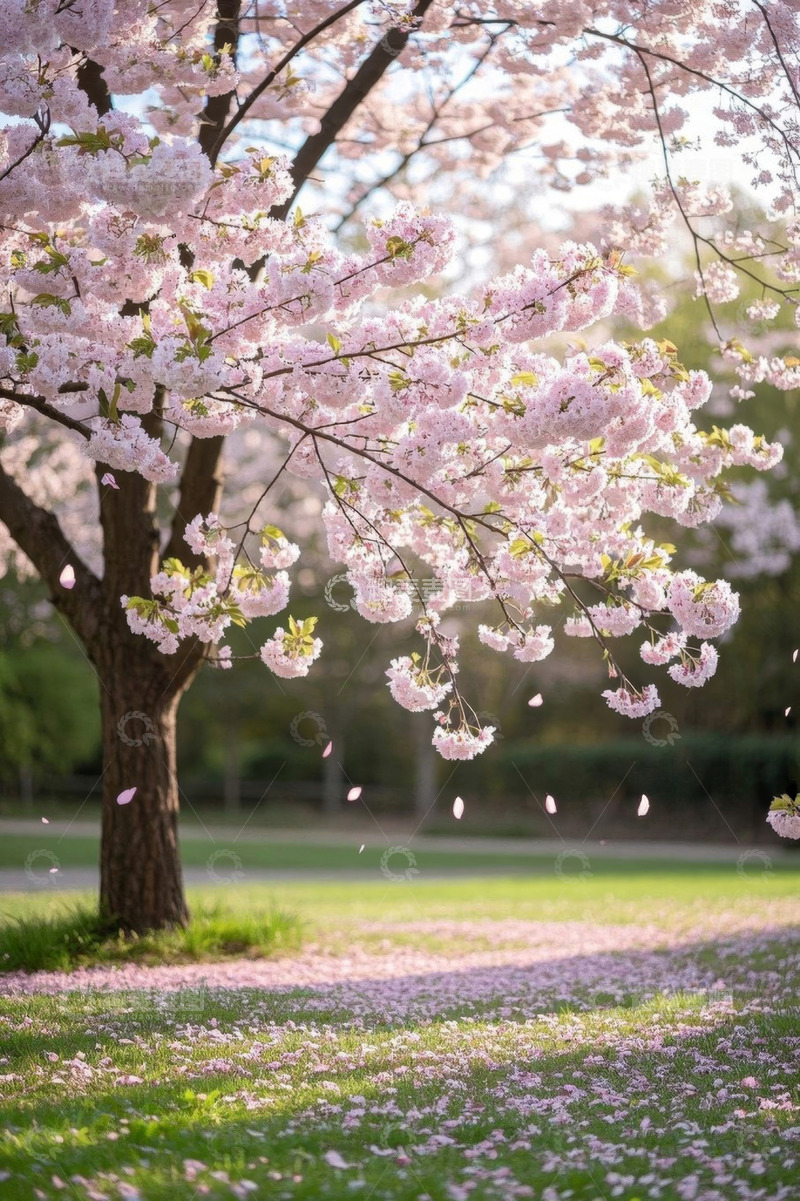 高清大图下载【趣麦麦图】盛开的樱花树与落英缤纷草地