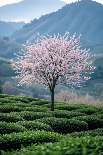 茶园中的盛开樱花树