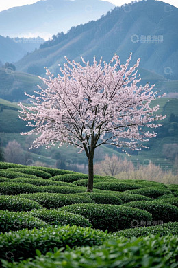 高清大图下载【趣麦麦图】茶园中的盛开樱花树