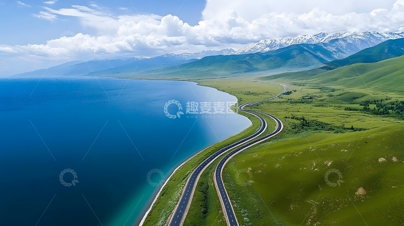 高清大图下载【趣麦麦图】湖畔公路风光航拍