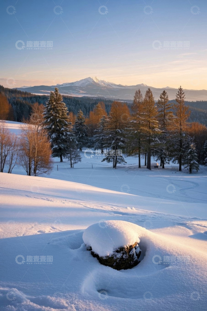 高清大图下载【趣麦麦图】冬日雪覆盖山林与远山景观