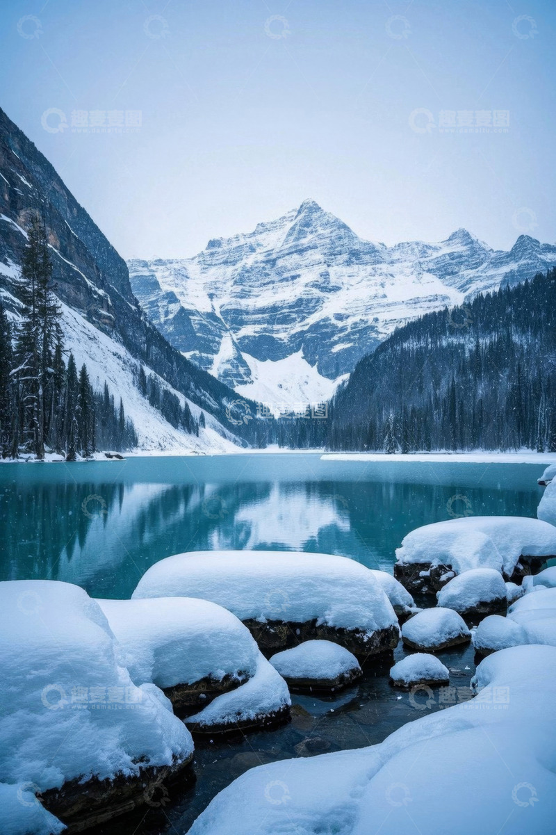 高清大图下载【趣麦麦图】雪山下的蓝色湖泊雪景