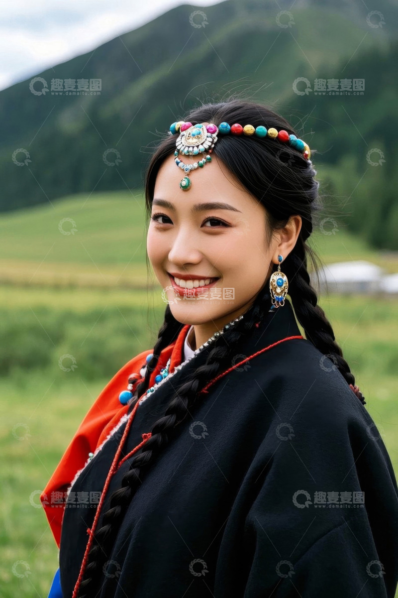 高清大图下载【趣麦麦图】美丽女子草原写真笑容甜美