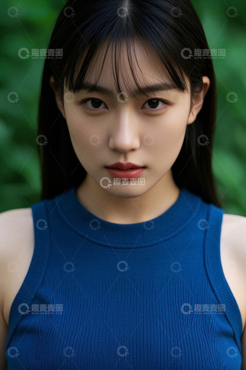 高清大图下载【趣麦麦图】蓝色背心女孩凝视镜头