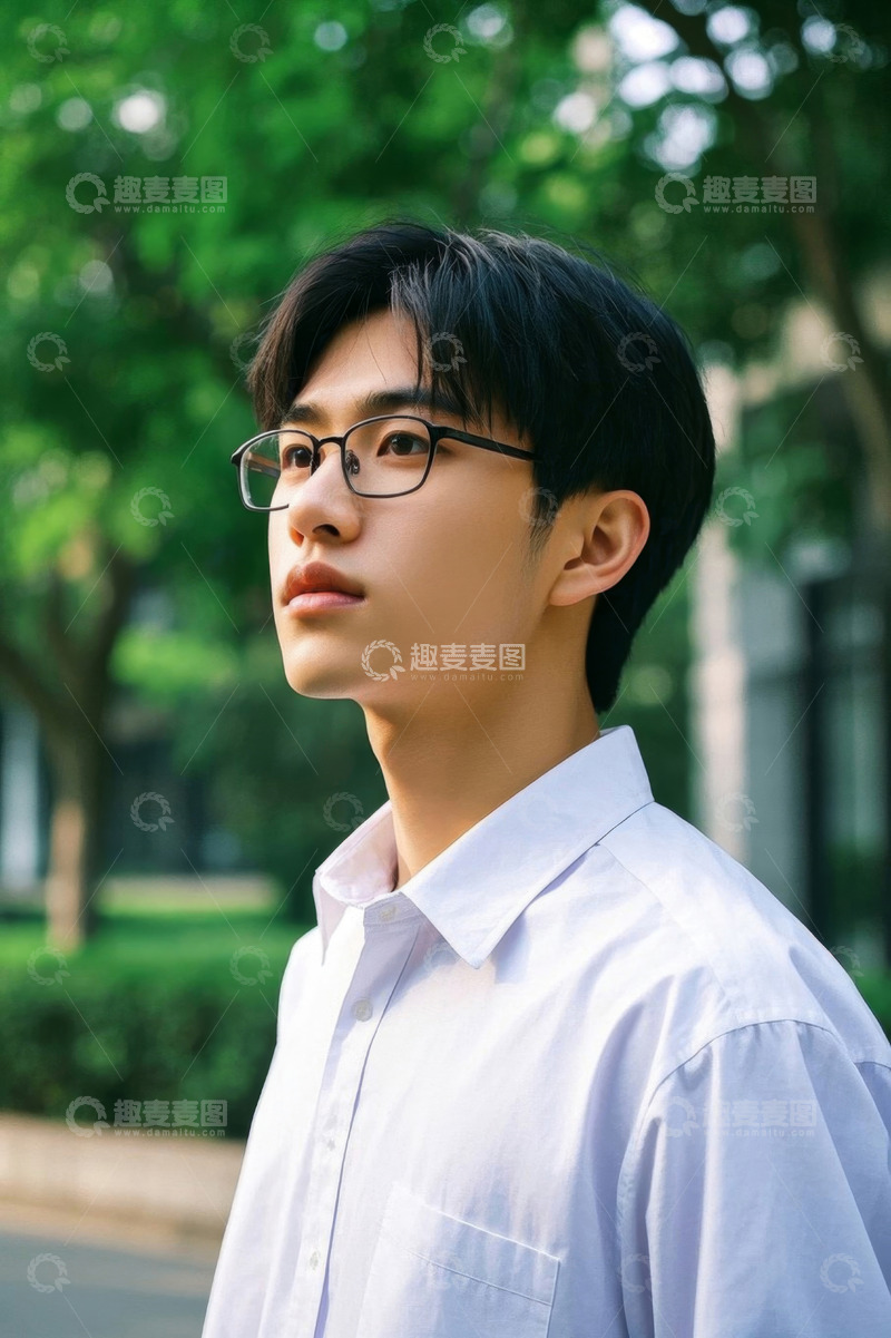 高清大图下载【趣麦麦图】阳光下戴眼镜的清秀少年