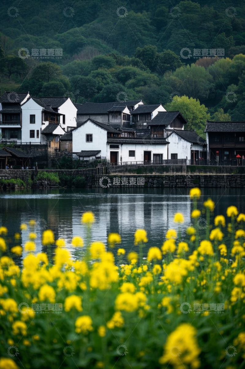 高清大图下载【趣麦麦图】水边村落与前景油菜花景观