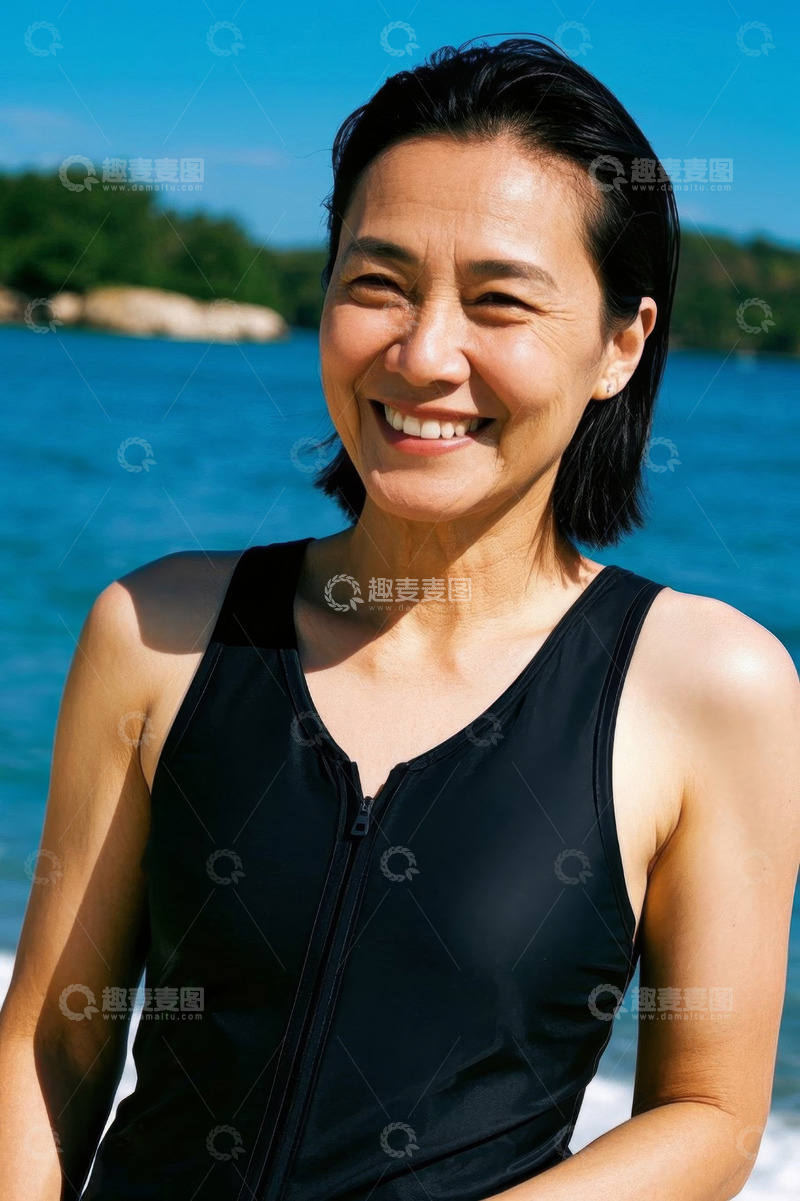 高清大图下载【趣麦麦图】海边快乐微笑的成熟女性