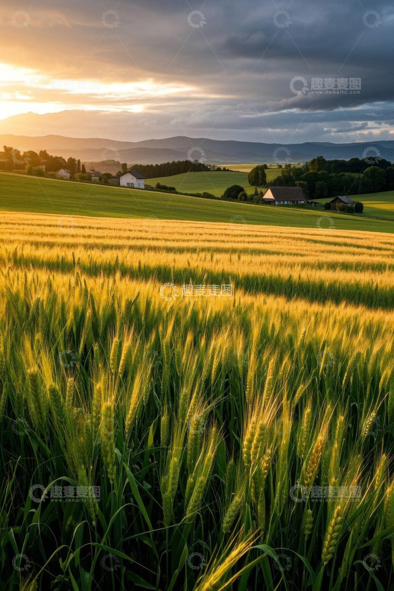高清大图下载【趣麦麦图】夕阳下的麦田与远处农舍