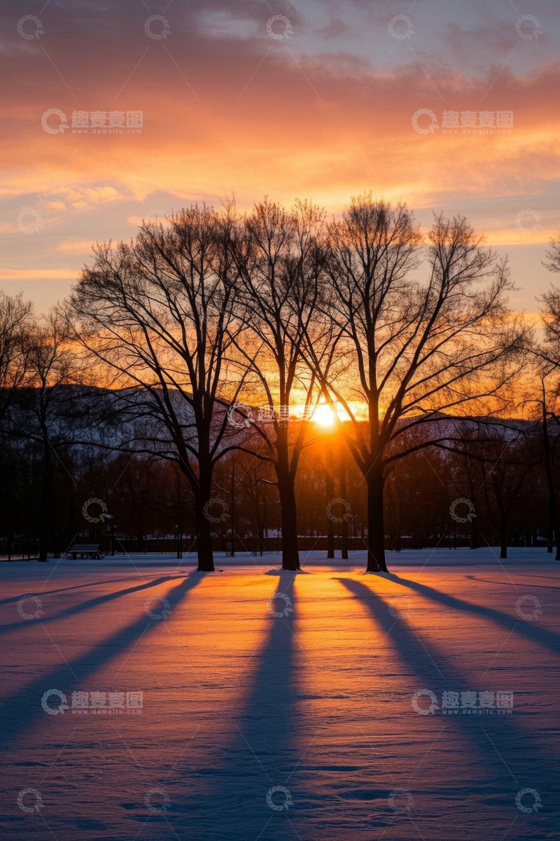 高清大图下载【趣麦麦图】雪地夕阳下的树木景观