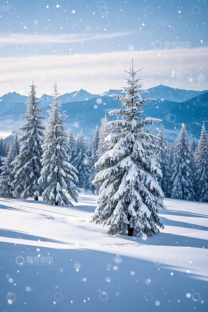 高清大图下载【趣麦麦图】雪景中的雪松林与远山景观
