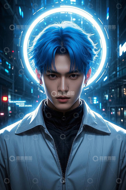 蓝色头发少年未来科技感写真