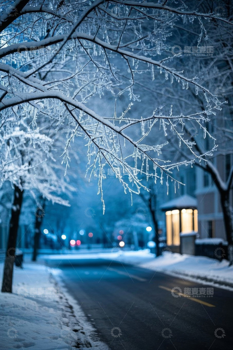 高清大图下载【趣麦麦图】冬夜雪覆街道与挂冰树木