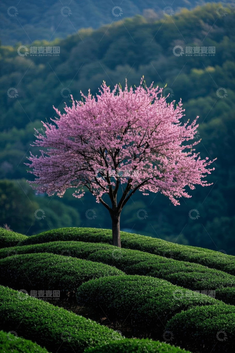 高清大图下载【趣麦麦图】茶山之中盛开的粉色樱花树
