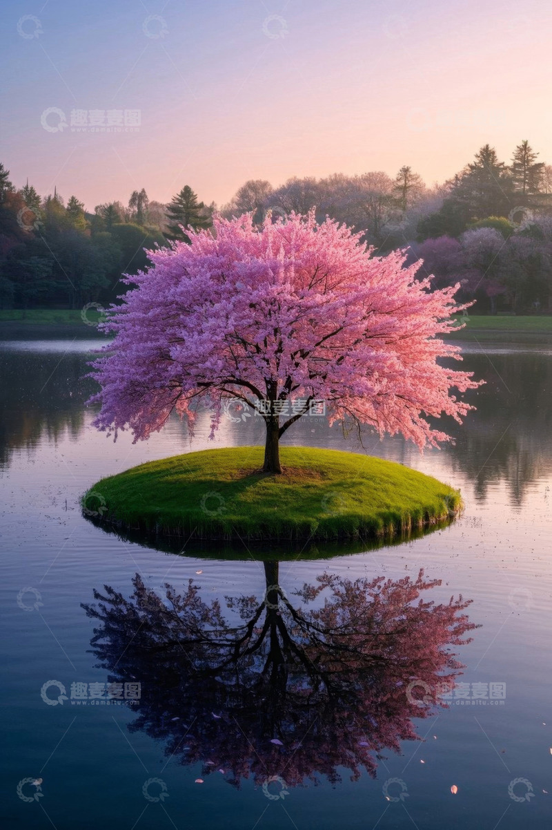 高清大图下载【趣麦麦图】湖心小岛上盛开的樱花树