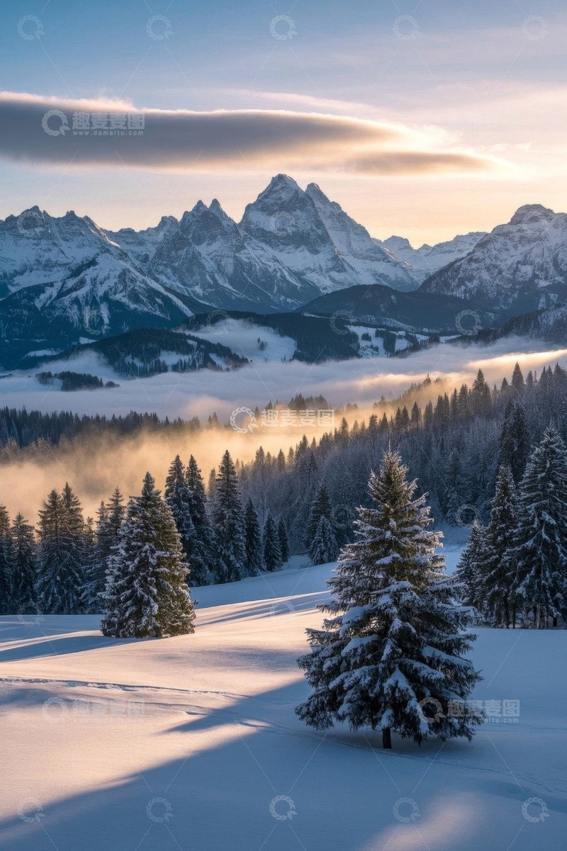 高清大图下载【趣麦麦图】雪后山林与远处雪山景观