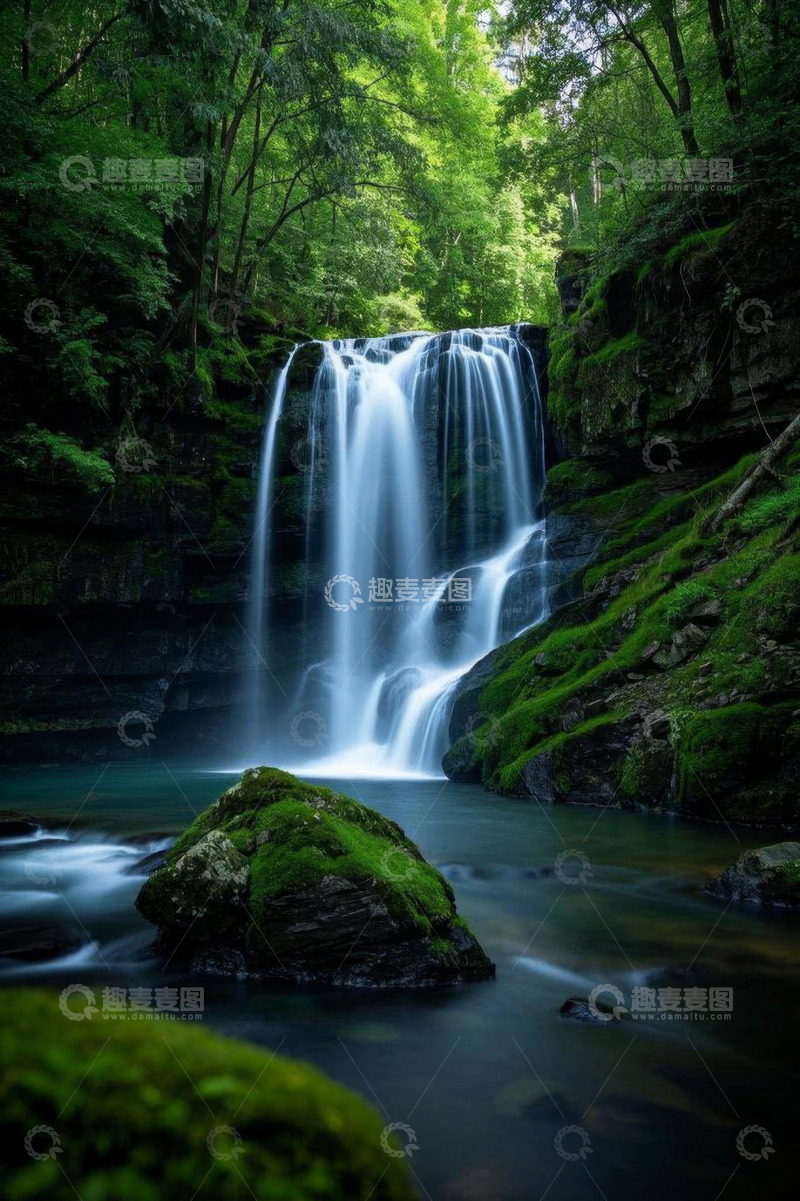 高清大图下载【趣麦麦图】森林中的瀑布自然景观