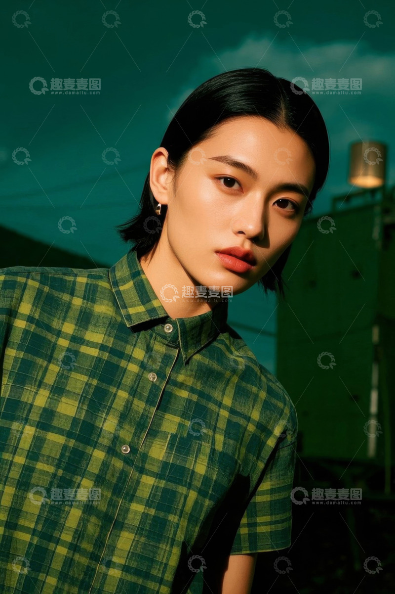 高清大图下载【趣麦麦图】绿衬衫女孩侧颜特写时尚写真