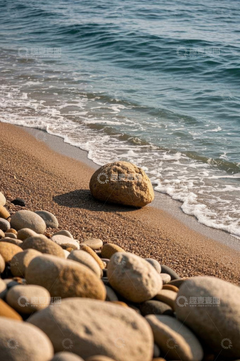 高清大图下载【趣麦麦图】海滩边海浪拍打岸边石头
