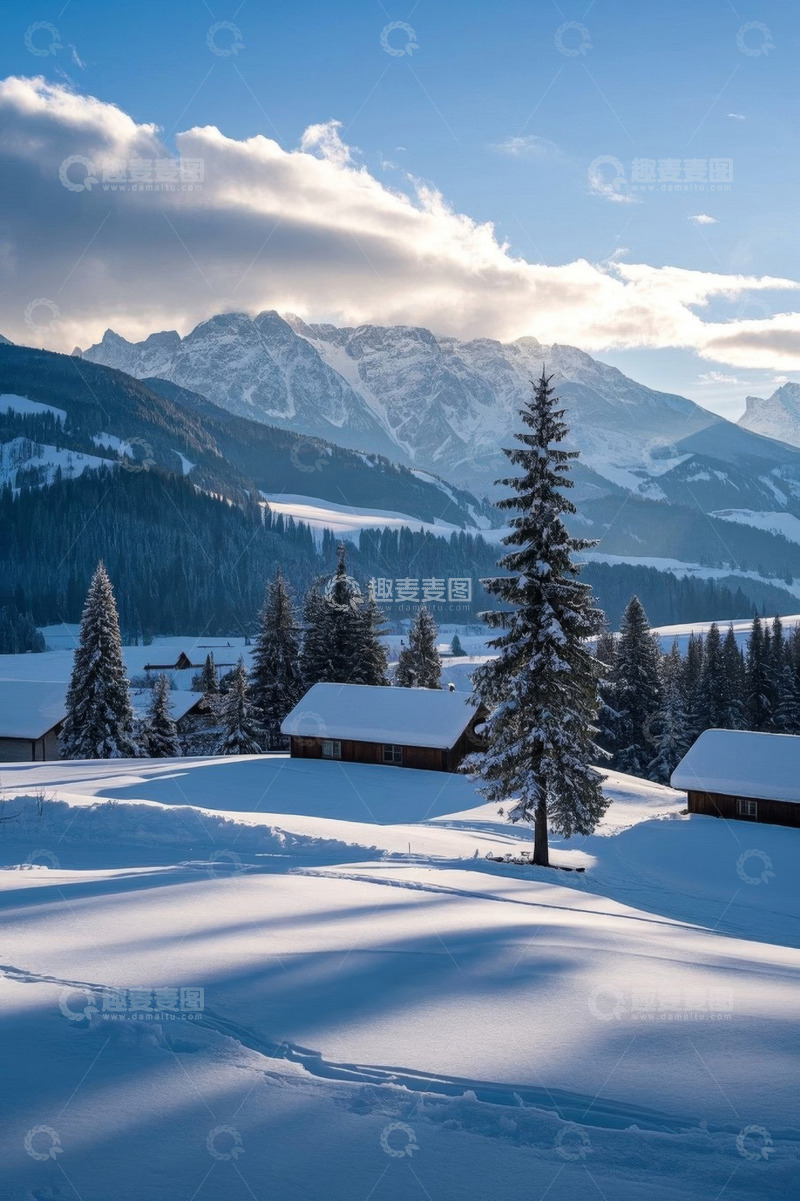 高清大图下载【趣麦麦图】雪后山村与雪山自然景观