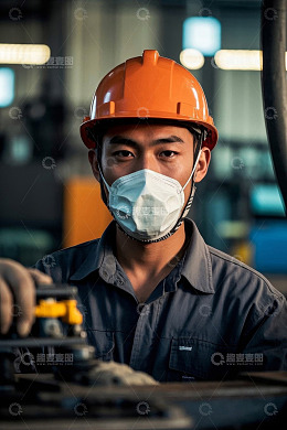 工厂工人佩戴口罩认真工作