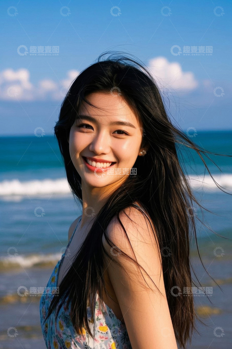 高清大图下载【趣麦麦图】海边阳光下的美丽女孩