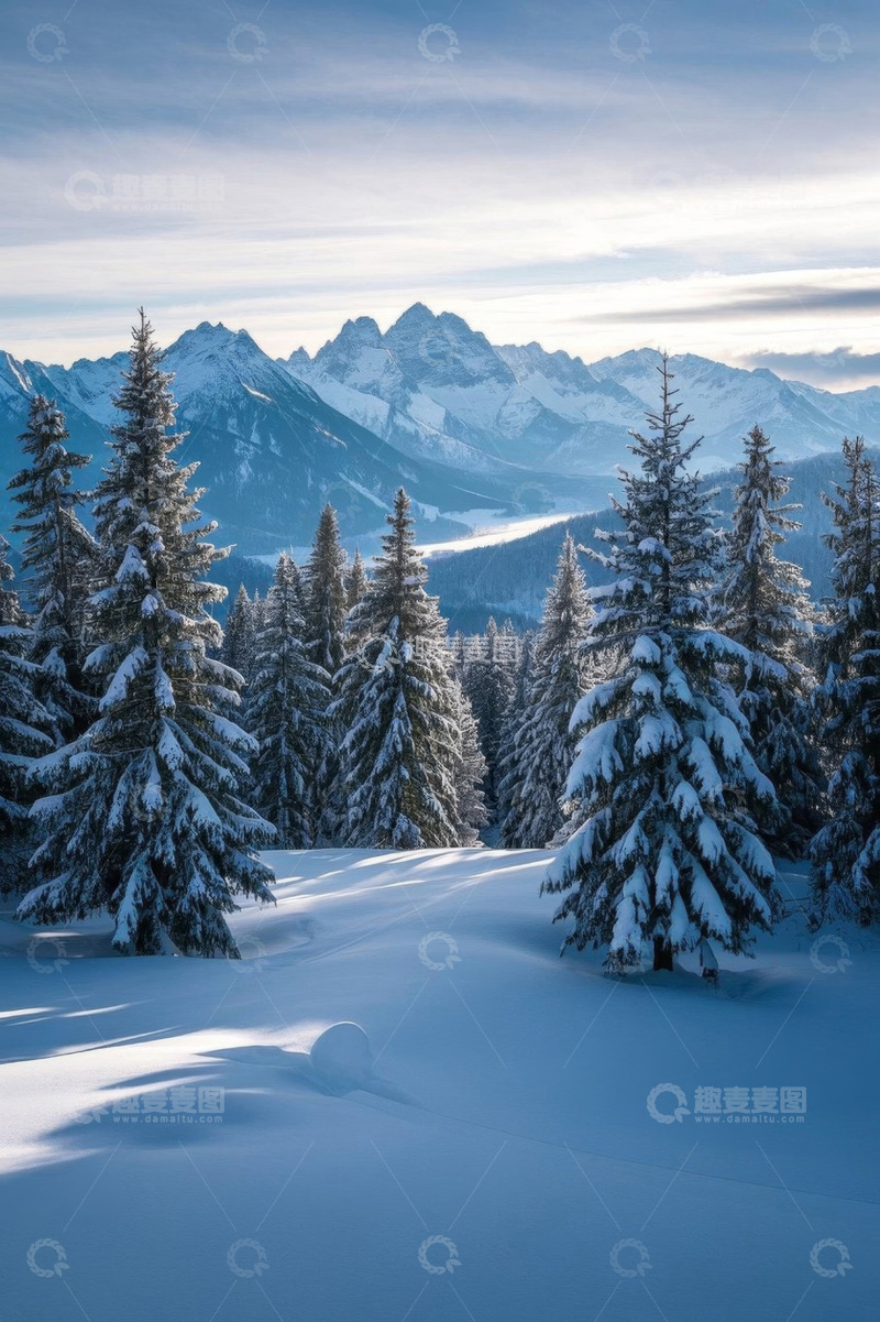 高清大图下载【趣麦麦图】雪山下覆盖积雪的森林景观