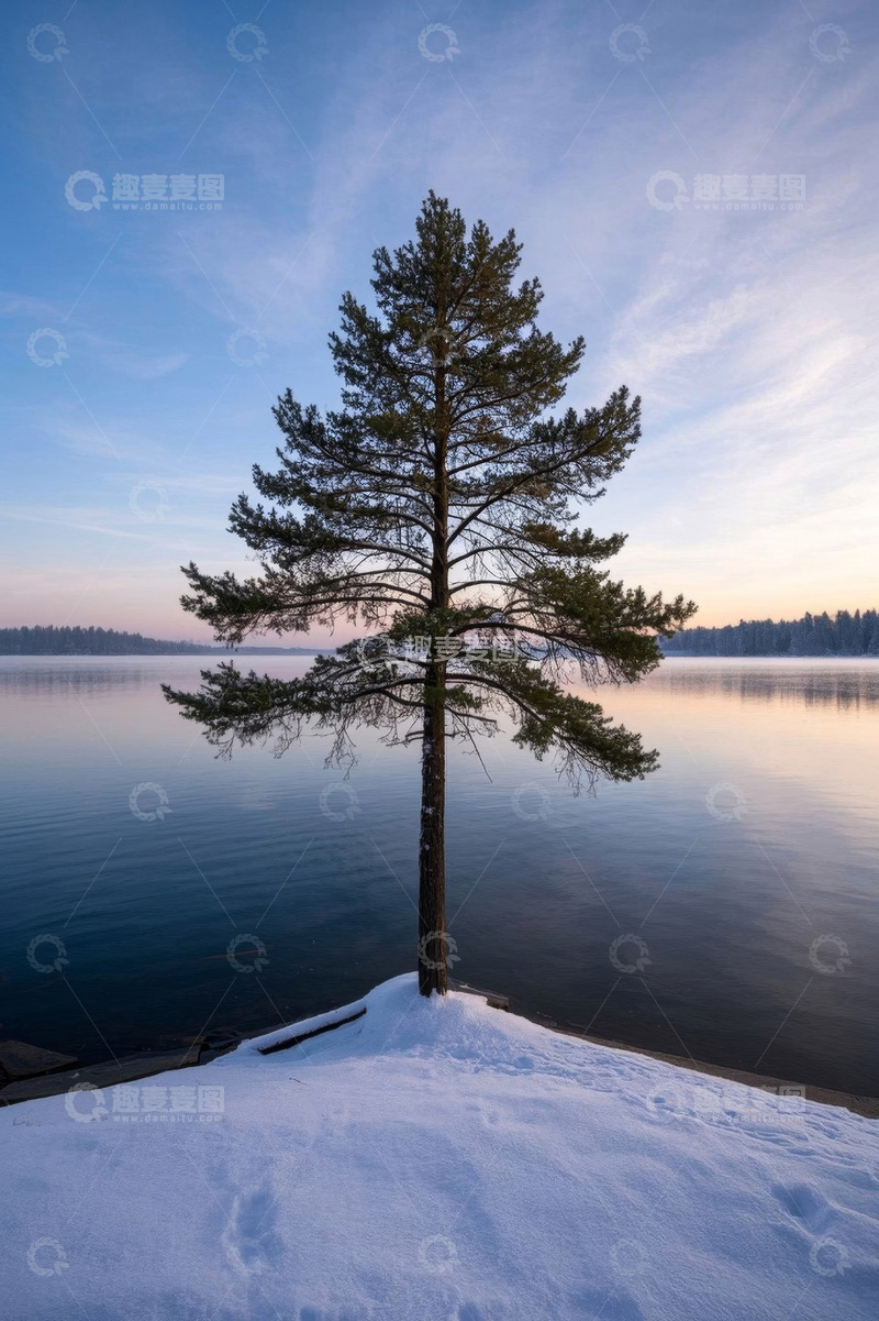 高清大图下载【趣麦麦图】雪岸孤树与平静湖面景观