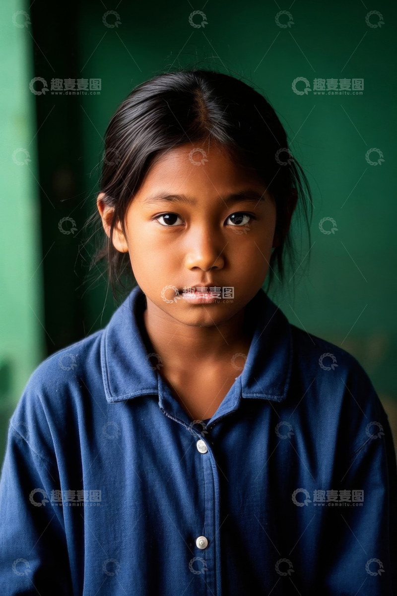 高清大图下载【趣麦麦图】女孩肖像,深色背景,穿蓝色衬衫