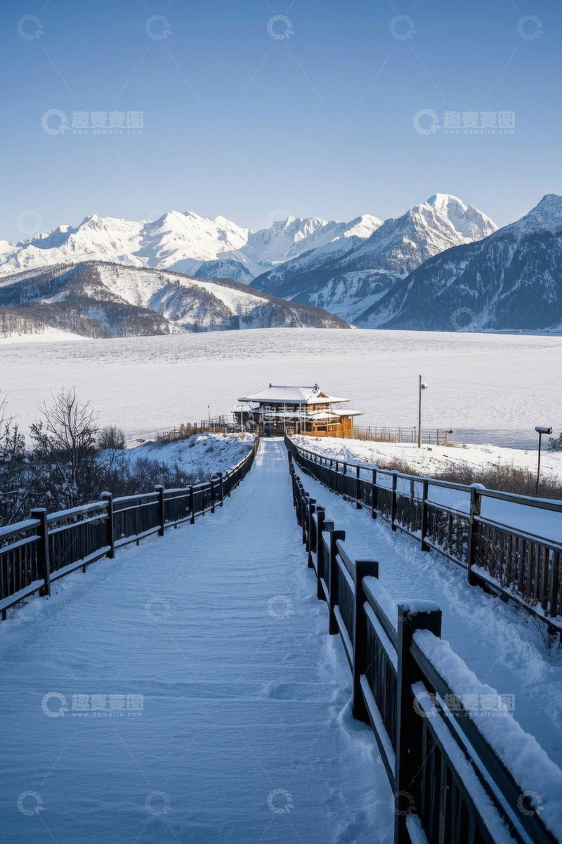 高清大图下载【趣麦麦图】雪中山景与栈道上的建筑
