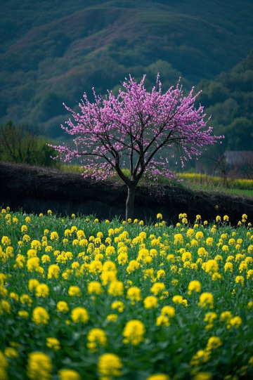 田野中盛开的桃花与油菜花