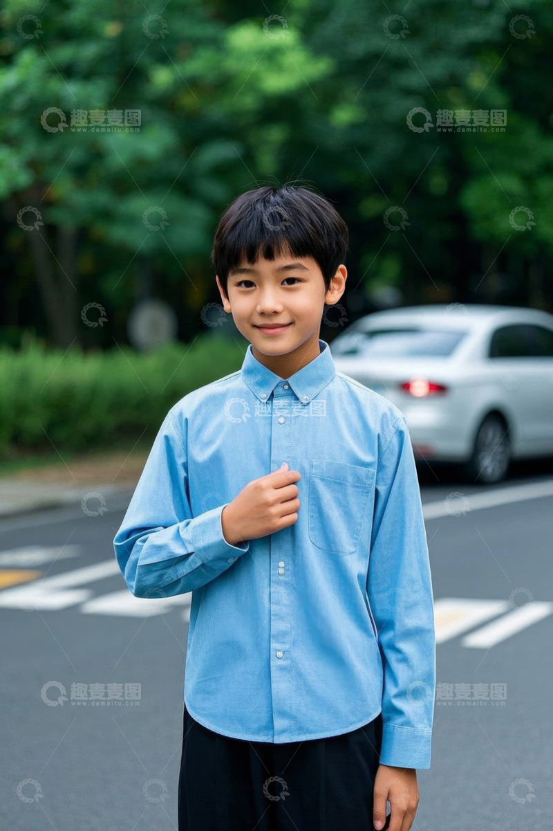 高清大图下载【趣麦麦图】男孩穿着蓝色衬衫在街道上