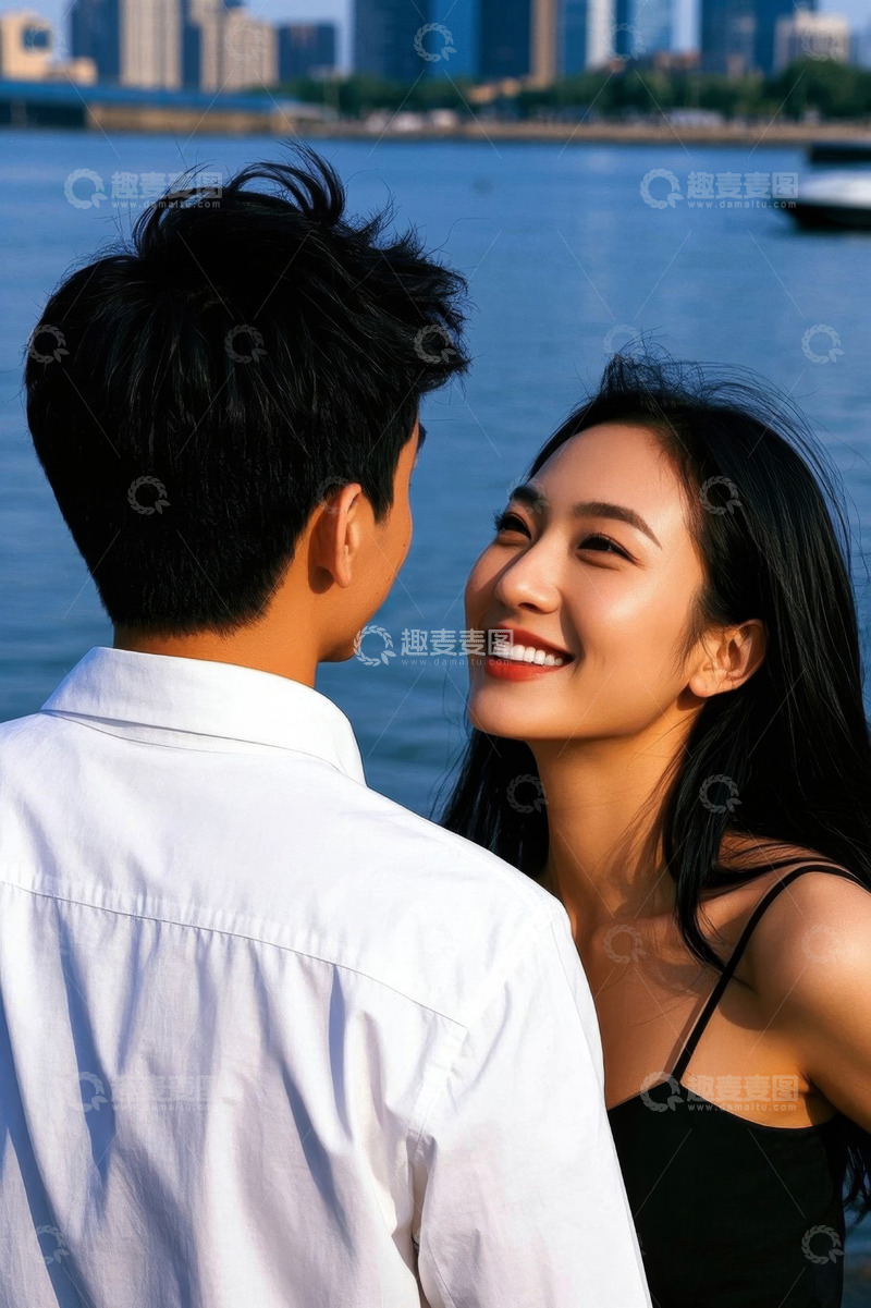 高清大图下载【趣麦麦图】阳光下甜蜜情侣依偎江边