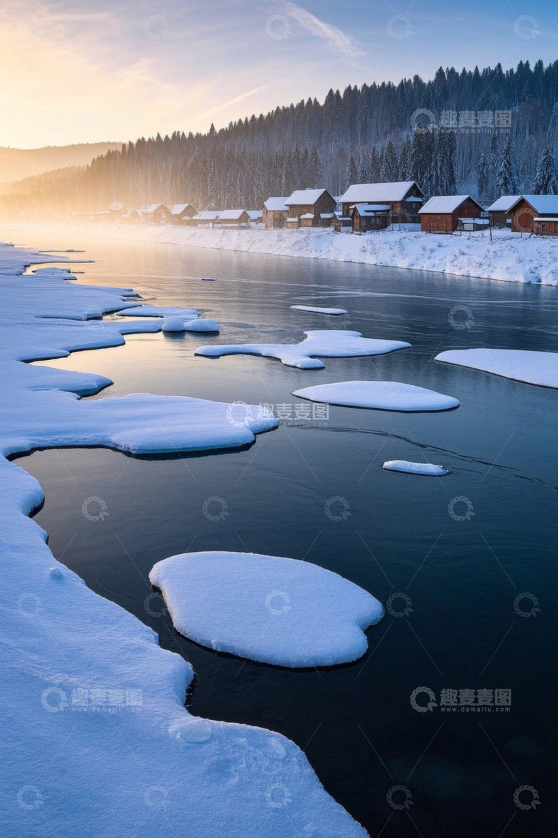 高清大图下载【趣麦麦图】冬日河畔雪覆木屋自然风光