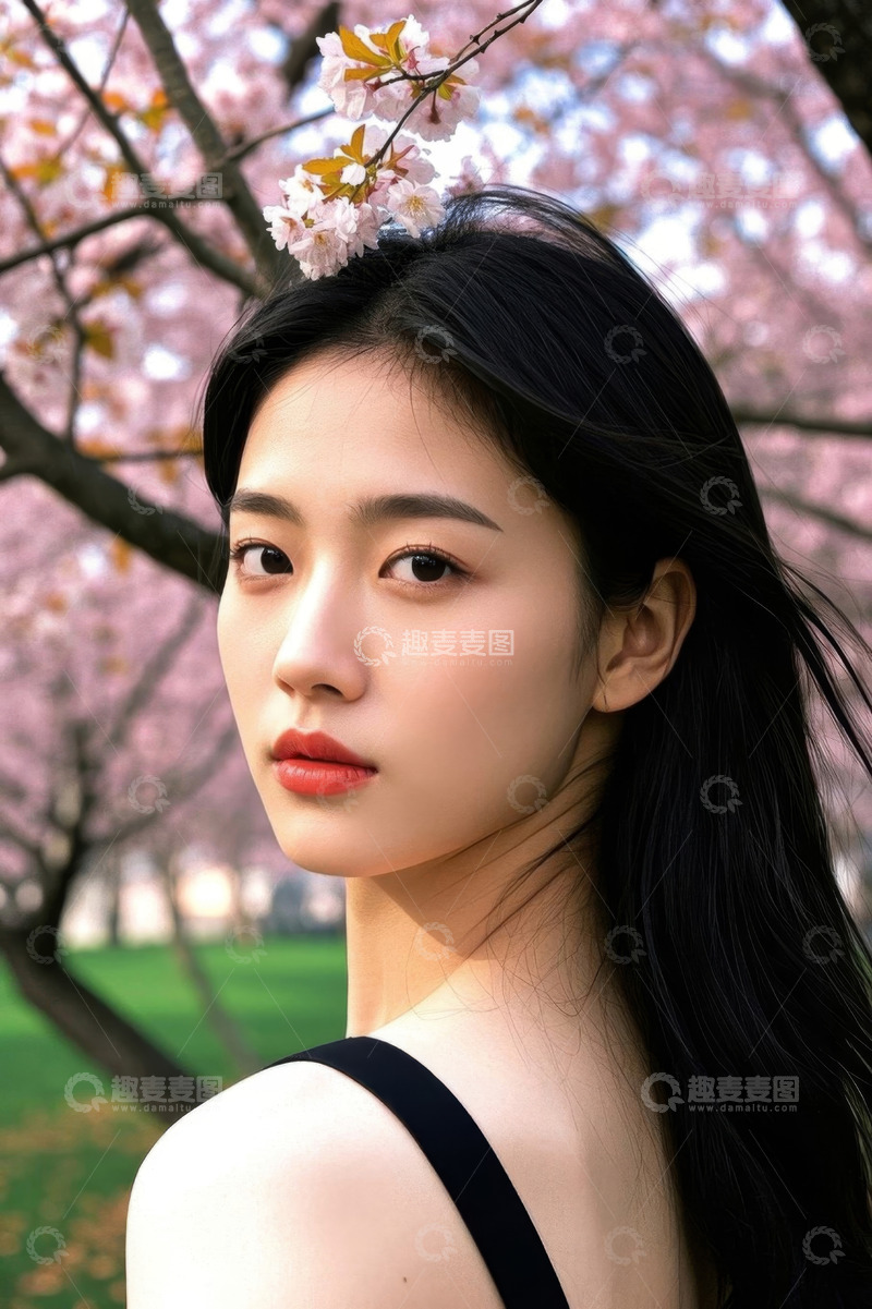 高清大图下载【趣麦麦图】樱花树下美丽女子侧颜照