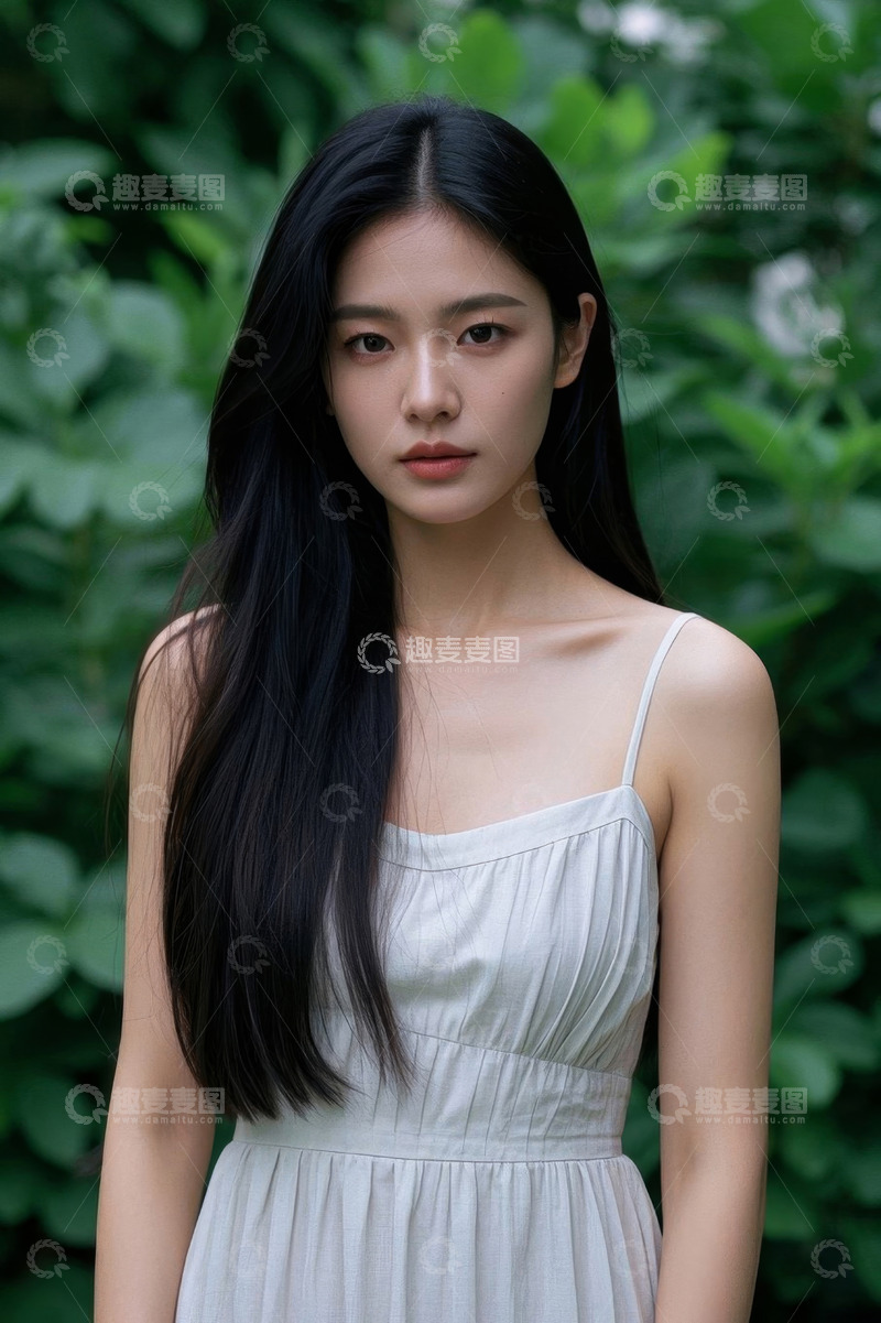 高清大图下载【趣麦麦图】绿叶背景下身穿浅色吊带裙的年轻女子