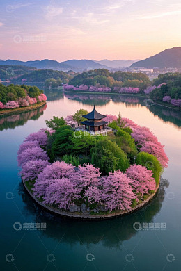 湖畔樱花环绕的中式建筑景观