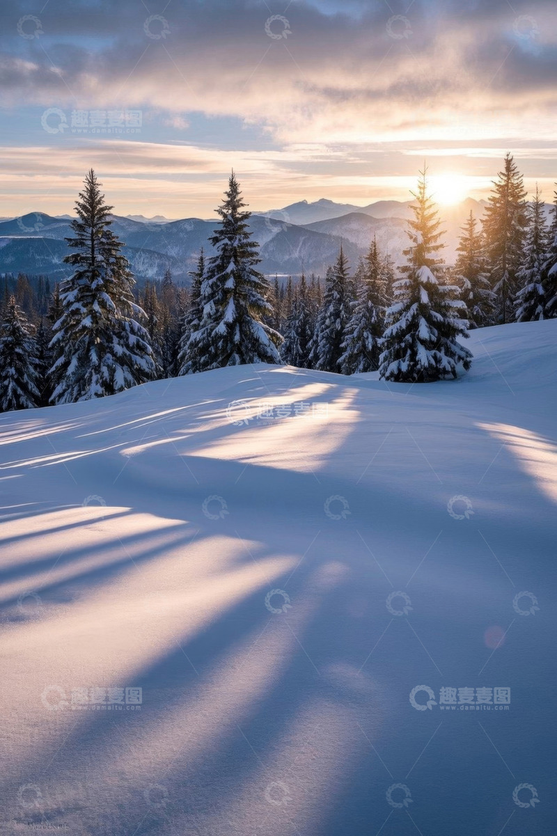 高清大图下载【趣麦麦图】雪覆山林日出美景