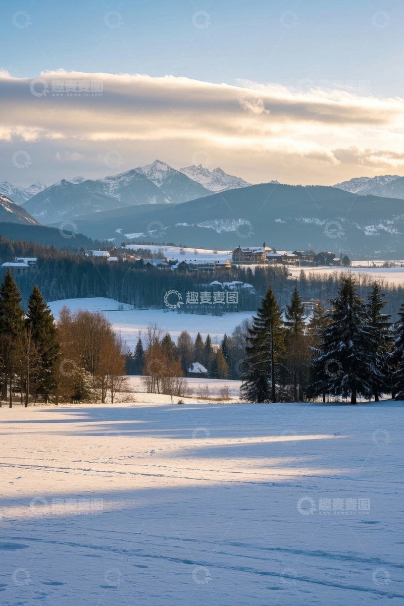 高清大图下载【趣麦麦图】冬日雪山下的森林与村庄