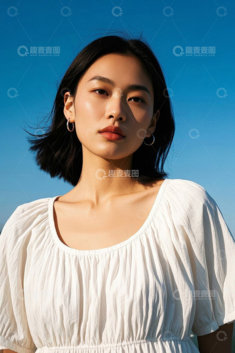 高清大图下载【趣麦麦图】阳光下穿着白衫的年轻女子