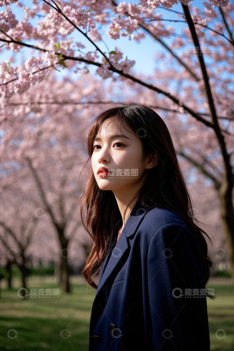 高清大图下载【趣麦麦图】樱花树下深色外套女子