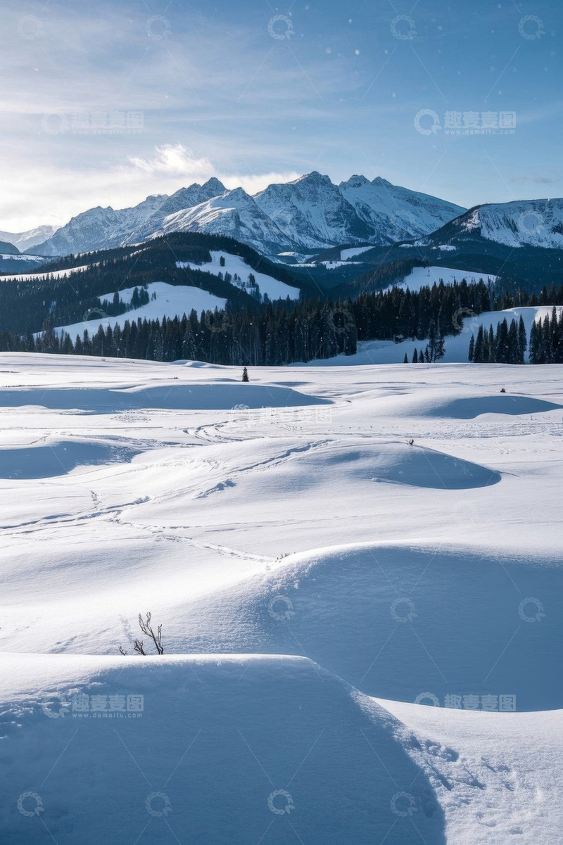 高清大图下载【趣麦麦图】雪山下的冬日户外雪景