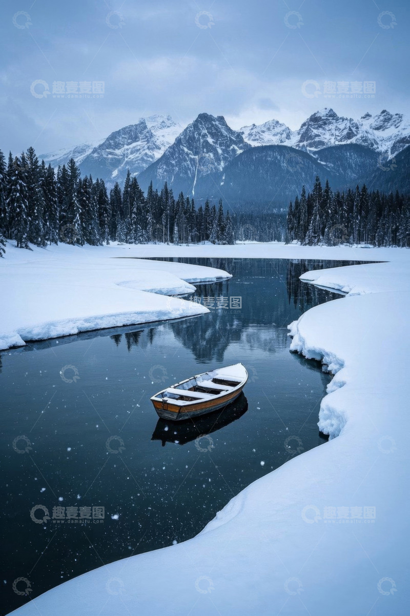高清大图下载【趣麦麦图】雪山下河流中的小船雪景