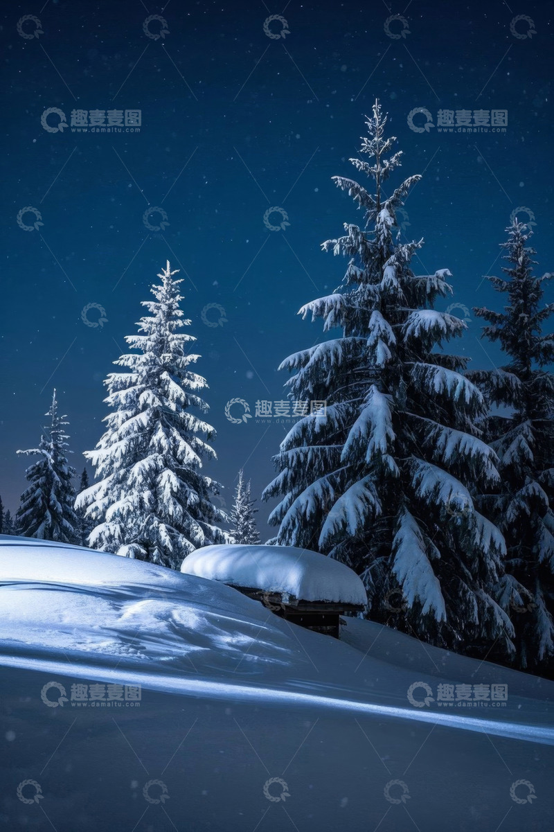 高清大图下载【趣麦麦图】雪夜森林中的积雪树木