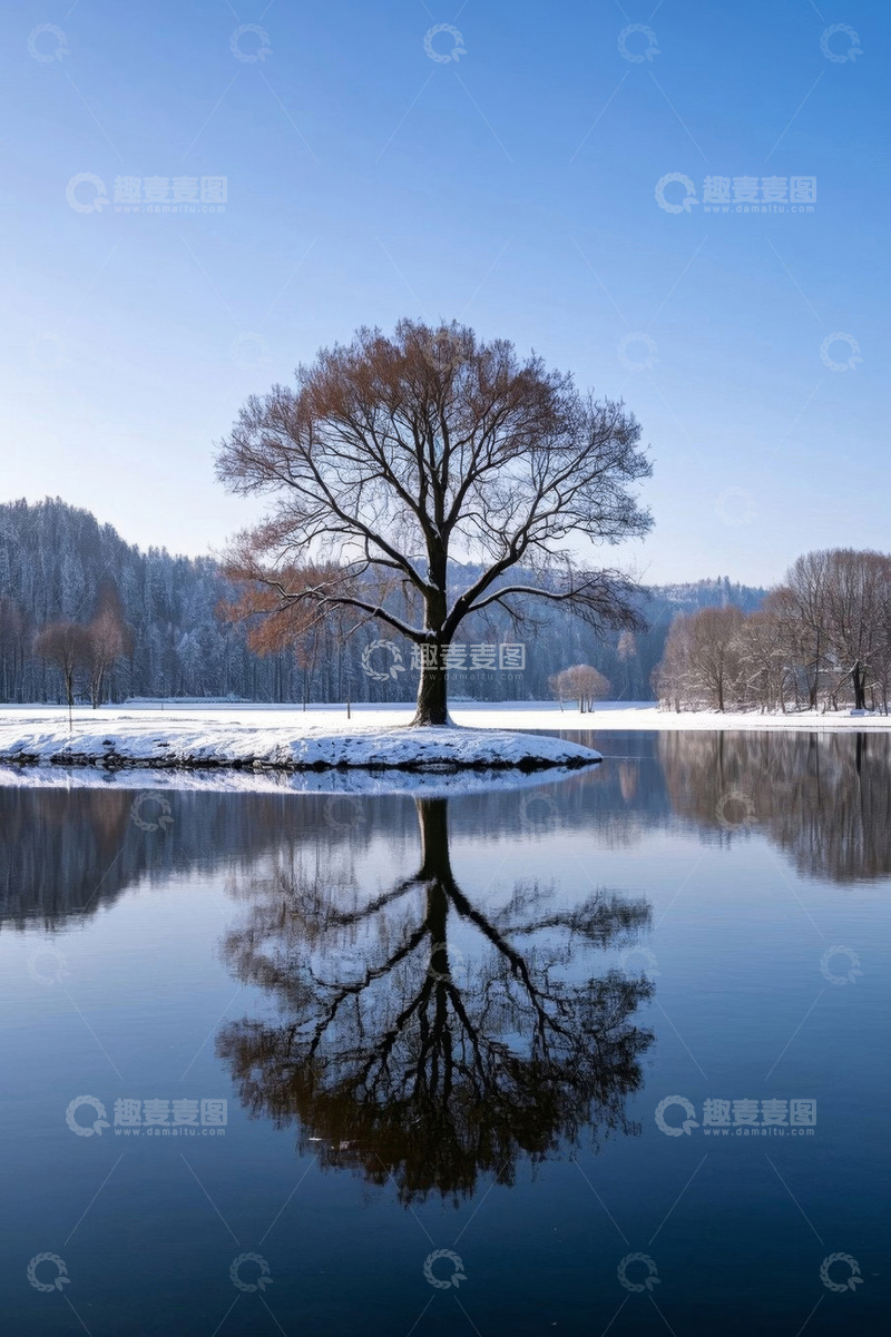高清大图下载【趣麦麦图】雪后湖畔孤树倒影