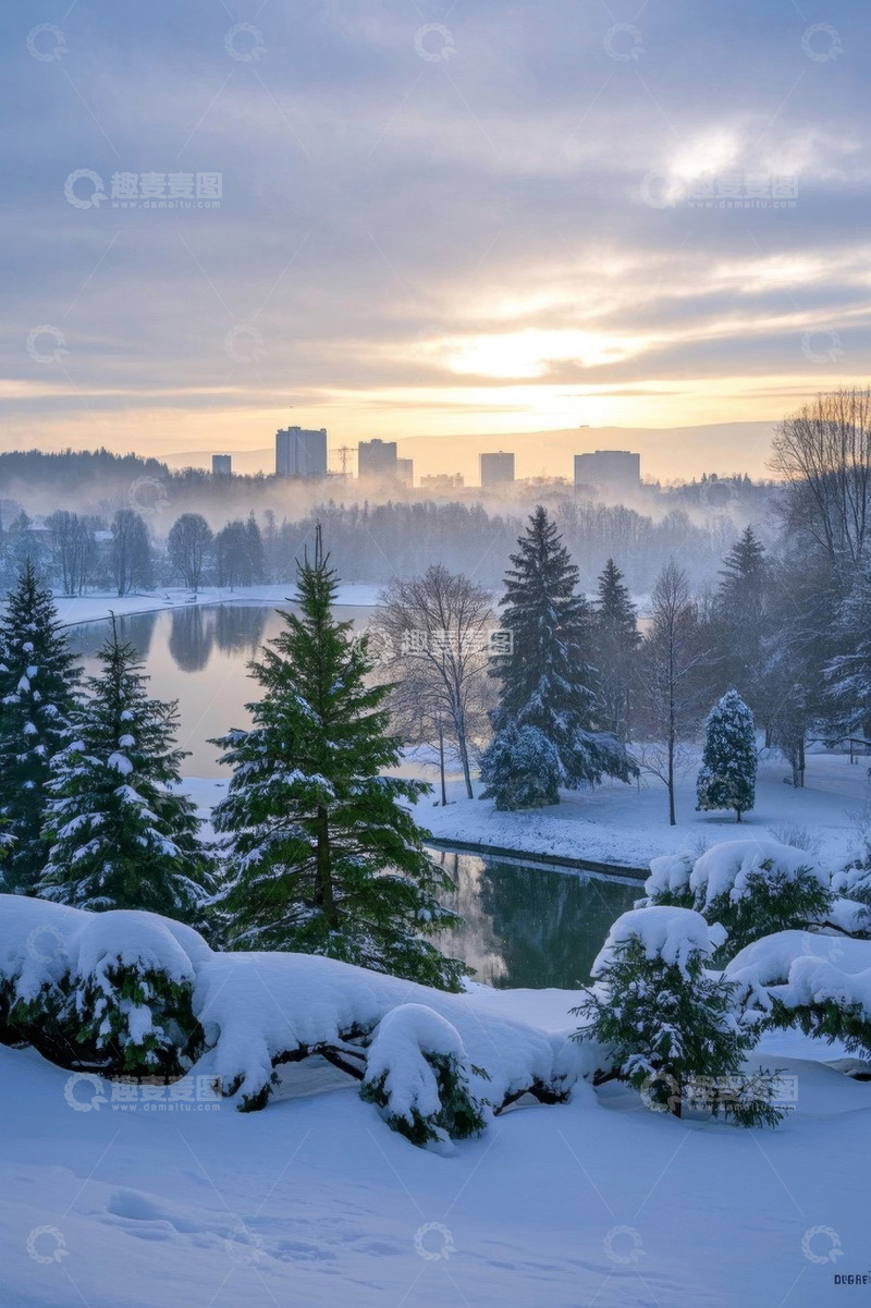 高清大图下载【趣麦麦图】冬日雪覆森林与城市景观
