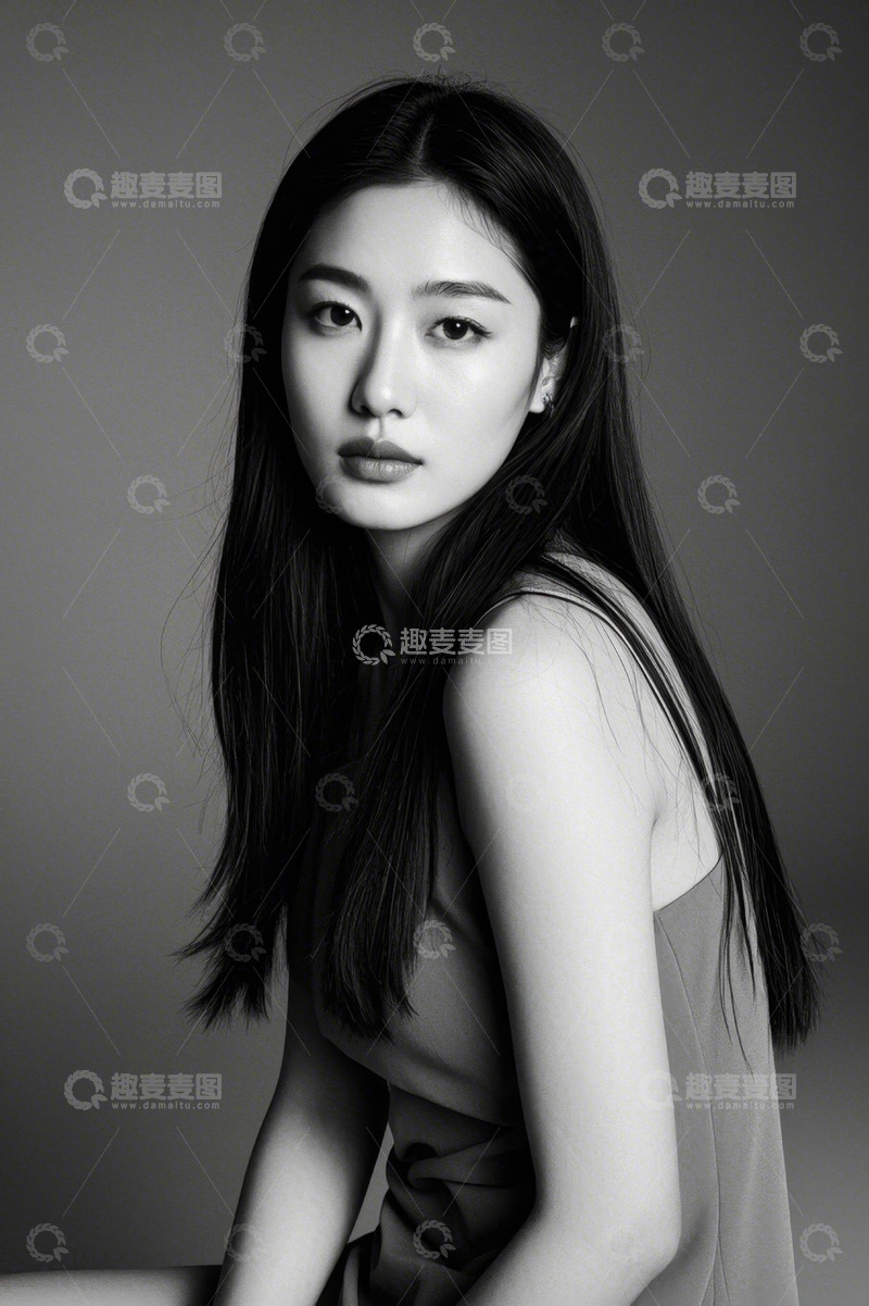 高清大图下载【趣麦麦图】黑白时尚写真，亚洲女性优雅侧身