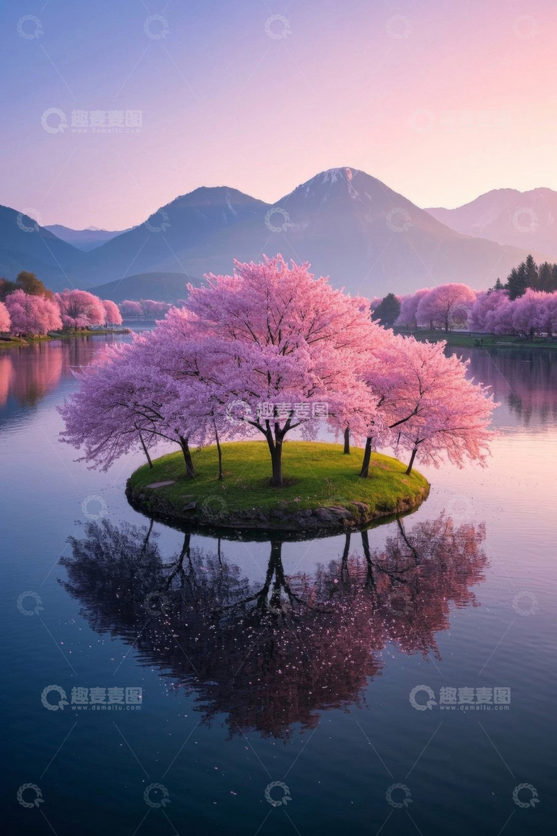 高清大图下载【趣麦麦图】湖中小岛樱花树风景